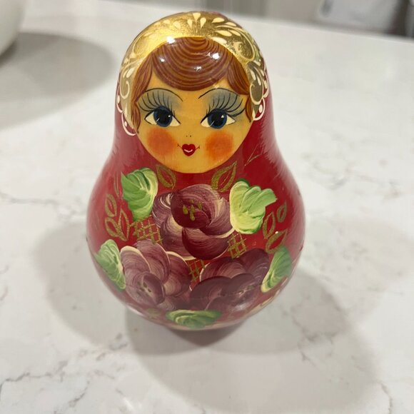 Vintage Russian Matryoshka Chime Bell Doll Signed Red Gold Floral Roly-Poly 4" - Picture 8 of 8